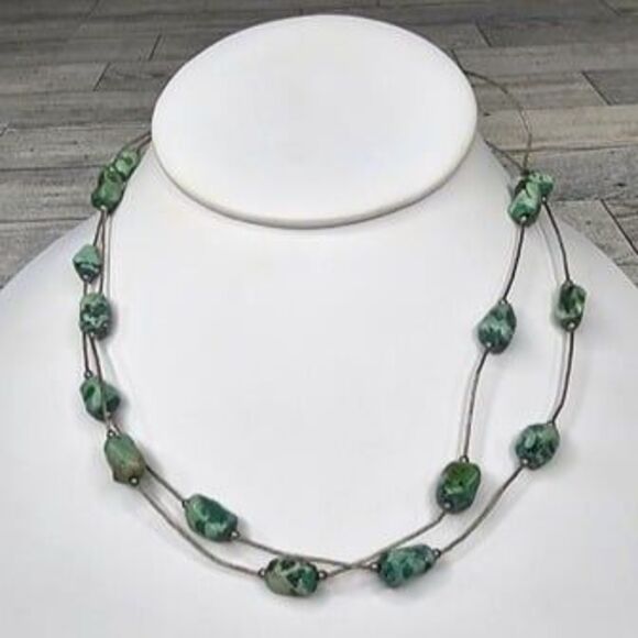 Double Strand 925 Sterling Silver & Natural Green Agate Stone Necklace 18"L - Picture 1 of 6